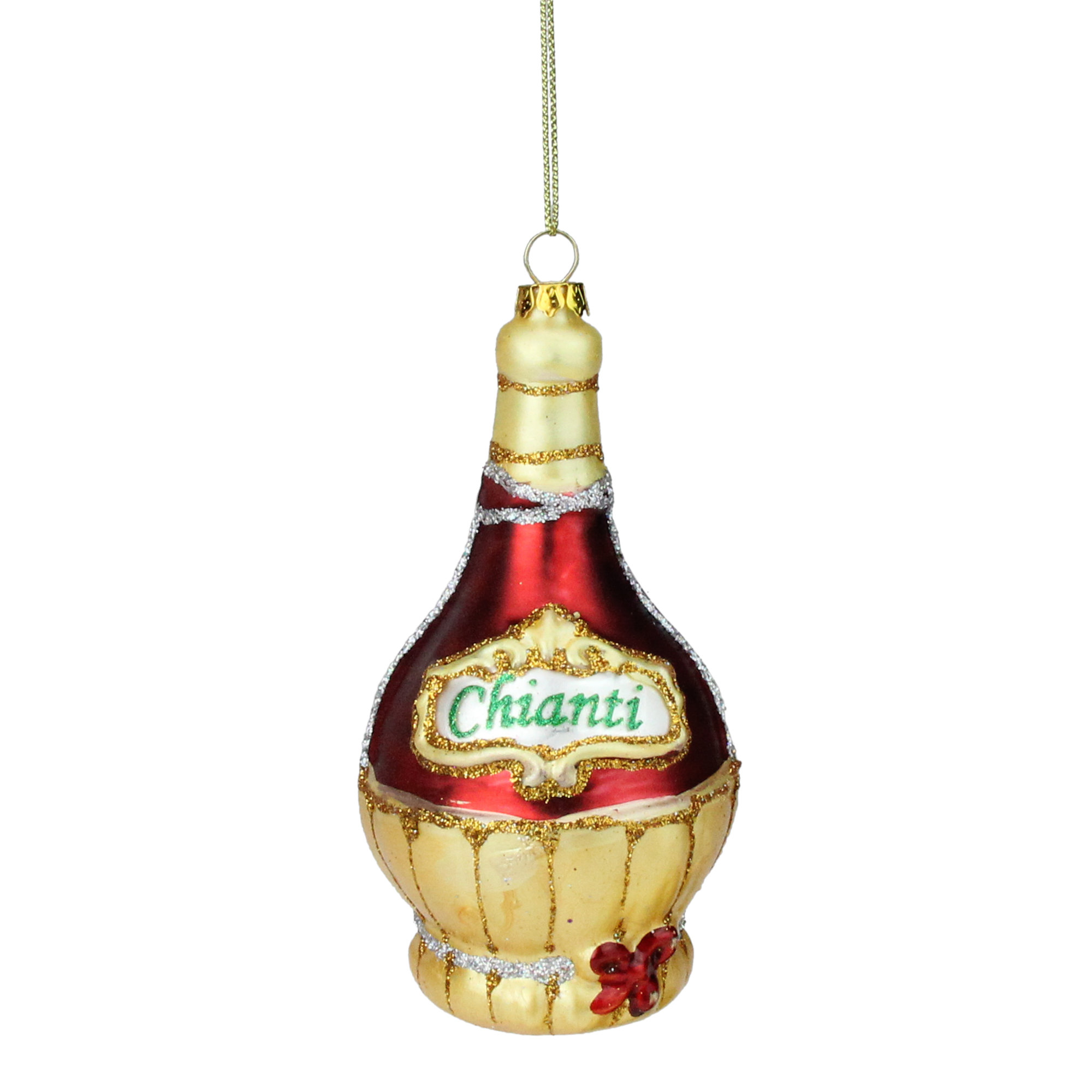 Northlight 5" Red and Gold Chianti Wine Bottle Glass Christmas Ornament